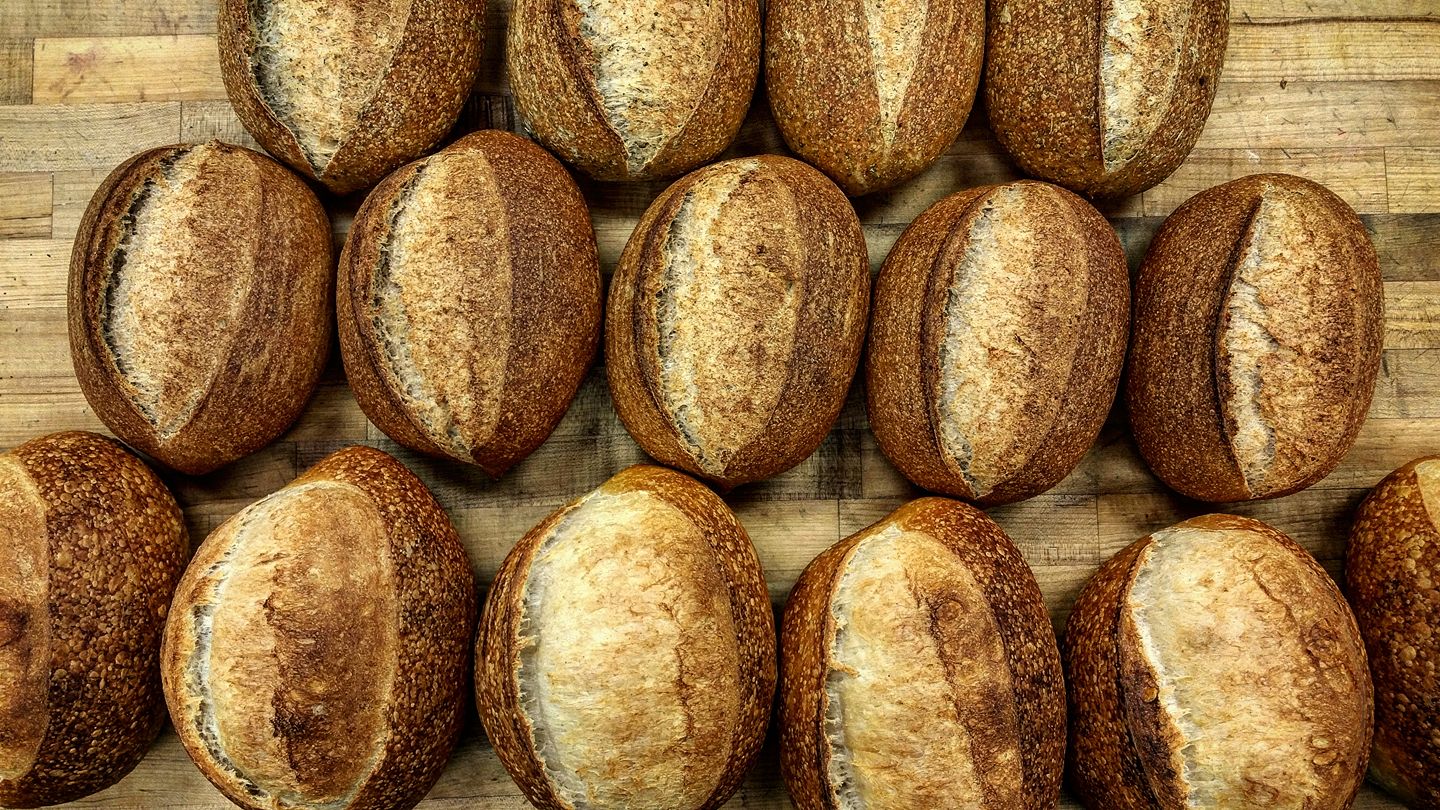 Loaves of fresh sourdough on a wooden counter